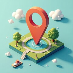 Giant 3D Location Pin in Miniature City Park Landscape