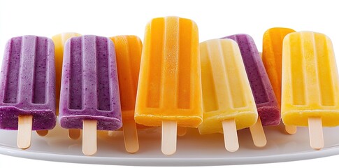 A row of colorful popsicles sits on a white plate, offering a refreshing treat on a bright day.