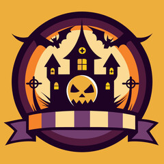 Abstract vector illustration of logo for celebrating children's holiday,halloween yellow pumpkin poster closeup on background.Halloween drawing consisting of tag,label,smile,monster,poster,face,party.