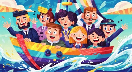 Excited diverse people enjoying a thrilling boat ride adventure with big smiles and waving hands under a bright sky