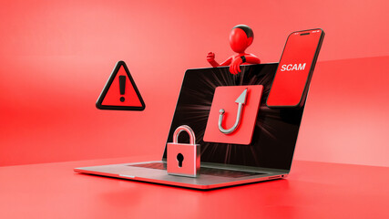 3D Cybersecurity Scam Concept with Phishing Attack and Red Warning Icons