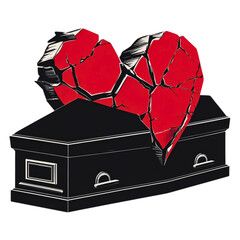 Symbolic image of a broken heart resting on a coffin representing lost love