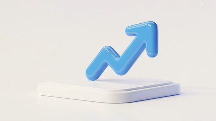 3D Blue Upward Arrow Icon on White Square Base with Rounded Corners