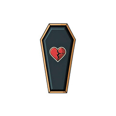 A dark coffin with a broken heart symbol 