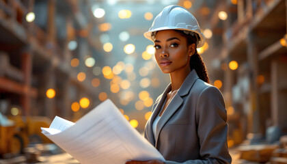 Professional Engineer Wearing Hardhat Holding Blueprint at Construction Site