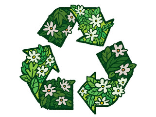 Sketch doodle recycle reuse reduce symbol with leaves and flowers. Hand-drawn style illustration, vector 