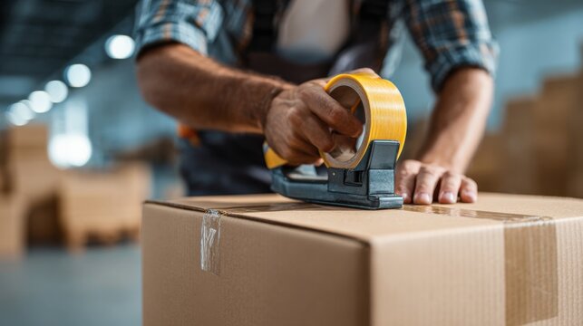 Worker seals cardboard box with tape in a shipping warehouse during the day