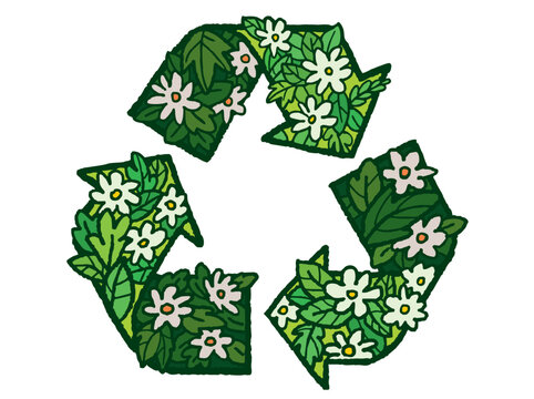 Sketch doodle recycle reuse reduce symbol with leaves and flowers. Hand-drawn style illustration, vector 