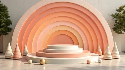 Obraz premium Pastel Peach and White Product Display with Geometric Shapes and Trees