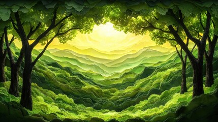 Fototapeta premium Lush green valley sunset, mountain view, nature scene, idyllic landscape, tranquil background