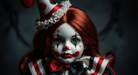 Hauntingly Beautiful Porcelain Doll with Vintage Clown Costume and Piercing Green Eyes