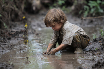 Child Playing in Mud Outdoors with Joyful Expression