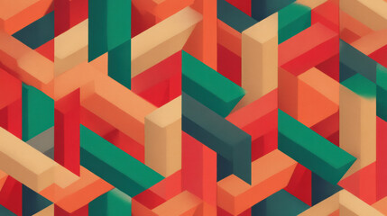  vibrant geometric pattern with interlocking shapes in shades of orange, green, and beige creating a visually striking abstract design.