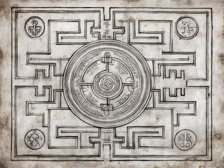 An ancient labyrinth design etched in stone, featuring a central circular maze surrounded by rectangular paths and symbolic glyphs at the corners.