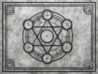  mystical alchemical diagram featuring interconnected circles and geometric shapes etched on a textured stone surface with a decorative frame.