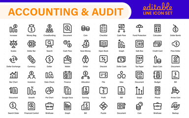 Collection of accounting and audit line icons. Business finance vector pack. Contains icons for tax return, payroll, earnings, income, deductions, ledger, and money management.