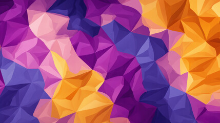 Abstract geometric pattern with vibrant purple, orange, and pink polygonal shapes creating a dynamic and colorful digital artwork.