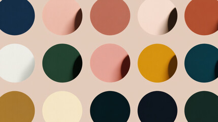  grid of colorful fabric swatches in circular cutouts, showcasing various shades of blue, pink, green, yellow, and beige on a warm beige background.