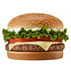 Classic Cheeseburger with Lettuce, Tomato, and Melted Cheese on White Background