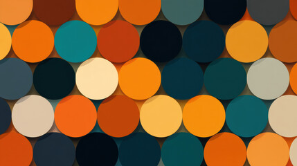 Colorful overlapping circles create a vibrant, geometric abstract pattern with shades of orange, teal, cream, and dark blue.