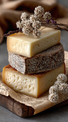 Stack of three cheeses with dried flowers