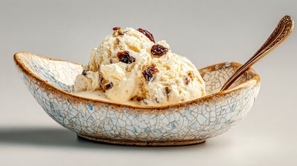 Cracked ceramic dish with rum raisin ice cream and vintage spoon, copy above,