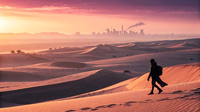 Man walking on desert dunes with a city skyline in the background during sunset