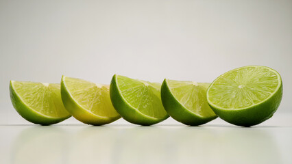 Fresh Lime Wedges and Whole Lime on White Background, Horizontal Layout