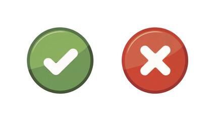 Glossy Green Checkmark and Red Cross Circular UI Buttons on White Background