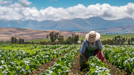 Woman Harvesting Fresh Vegetables in Scenic Agricultural Landscape