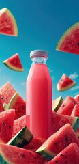 Refreshing Watermelon Juice in Bottle Surrounded by Fresh Slices