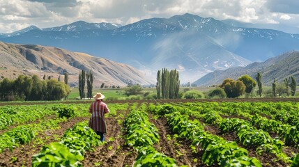 Peaceful farmer walking through lush green vegetable field landscape