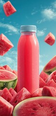 Refreshing Watermelon Juice in a Bottle Surrounded by Watermelons