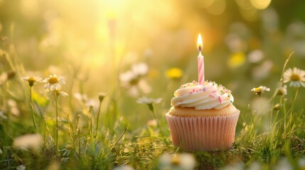 Delightful Cupcake with Candle Amidst Sunlit Flower Meadow