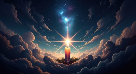 Celestial Candle Illuminating the Cosmos Amidst Dreamy Clouds
