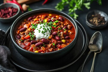 A bowl of chili with beans corn and meat topped with sour cream and chives on a dark surface