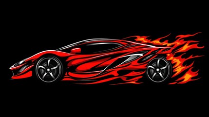 Fiery Red Sports Car Speeding, Flames, Black Background, Design Element