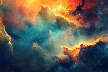 A vibrant nebula with swirling clouds of orange, yellow, and blue colors in a cosmic sky view