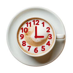 Top View of Cappuccino Clock Foam Art in White Cup on Dark Background