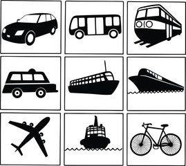 Transportation Icons: A collection of diverse transport symbols including car, bus, train, taxi, ferry, ship, airplane, cargo ship, and bicycle.