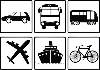 Transportation Icons: A set of six simple black and white icons representing various modes of transportation: car, bus, coach, airplane, cruise ship, and bicycle.  Perfect for travel brochures.