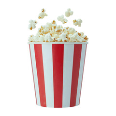 Red and White Striped Popcorn Bucket with Floating Kernels on White Background