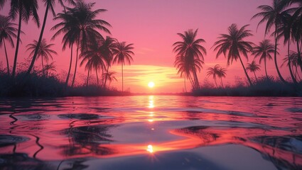 Tropical sunset over calm water with silhouetted palm trees ocean reflection