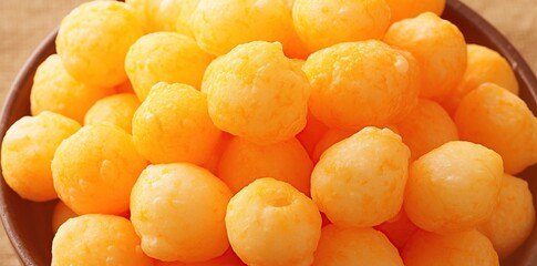 A bowl of golden cheese puffs sits on a wooden surface, ready for snacking.