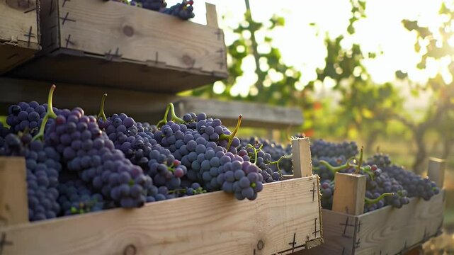 Ripe Purple Grapes in Wooden Crates at Vineyard During Golden Hour Agriculture Landscape
