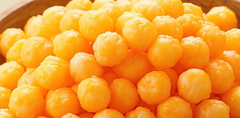 A bowl of golden cheese curds sits on a dark wooden surface, creating a vibrant and textured shot.