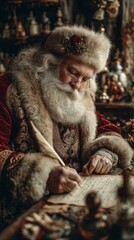 Santa Claus writing letters in a cozy workshop filled with holiday decorations during the festive season