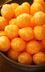 A bowl of golden cheese balls sits on a dark wooden surface, showcasing a close-up view of the snack.