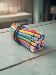 A neatly bundled collection of multi-colored electrical wires with exposed copper strands rests on a worn, rustic tabletop, ready for an electrical project
