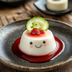 A cute Japanese panna cotta dessert is decorated with fresh strawberries, a cucumber slice, and a red sauce, presented on a dark gray plate.